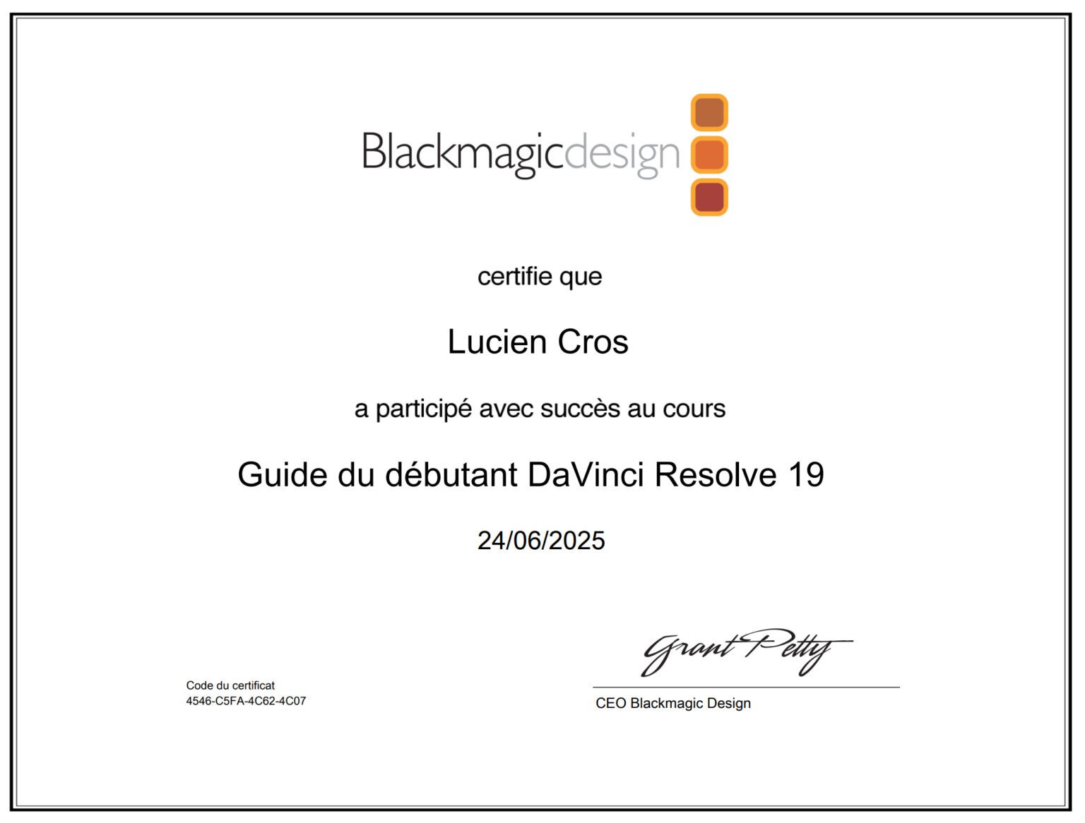 Certification DaVinci Resolve 19 Lucien CROS